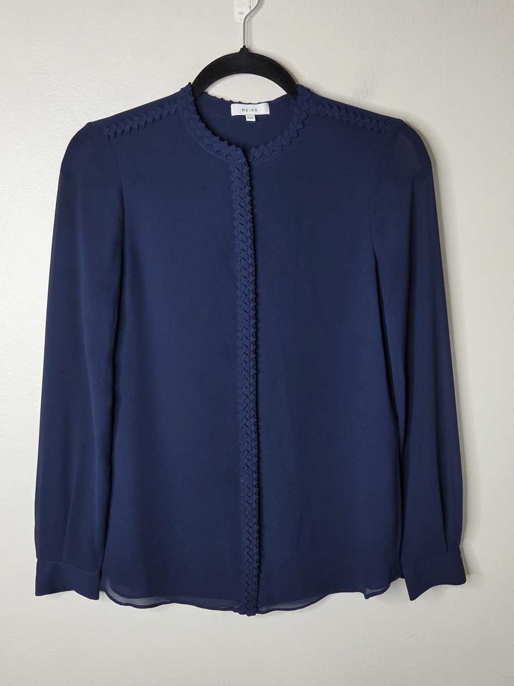 Reiss Navy Braided-Trim Blouse